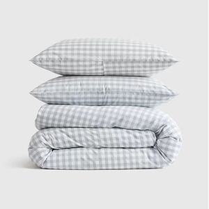 Quince Organic Percale Gingham Duvet Cover Set Blue Fog King Cal King NEW